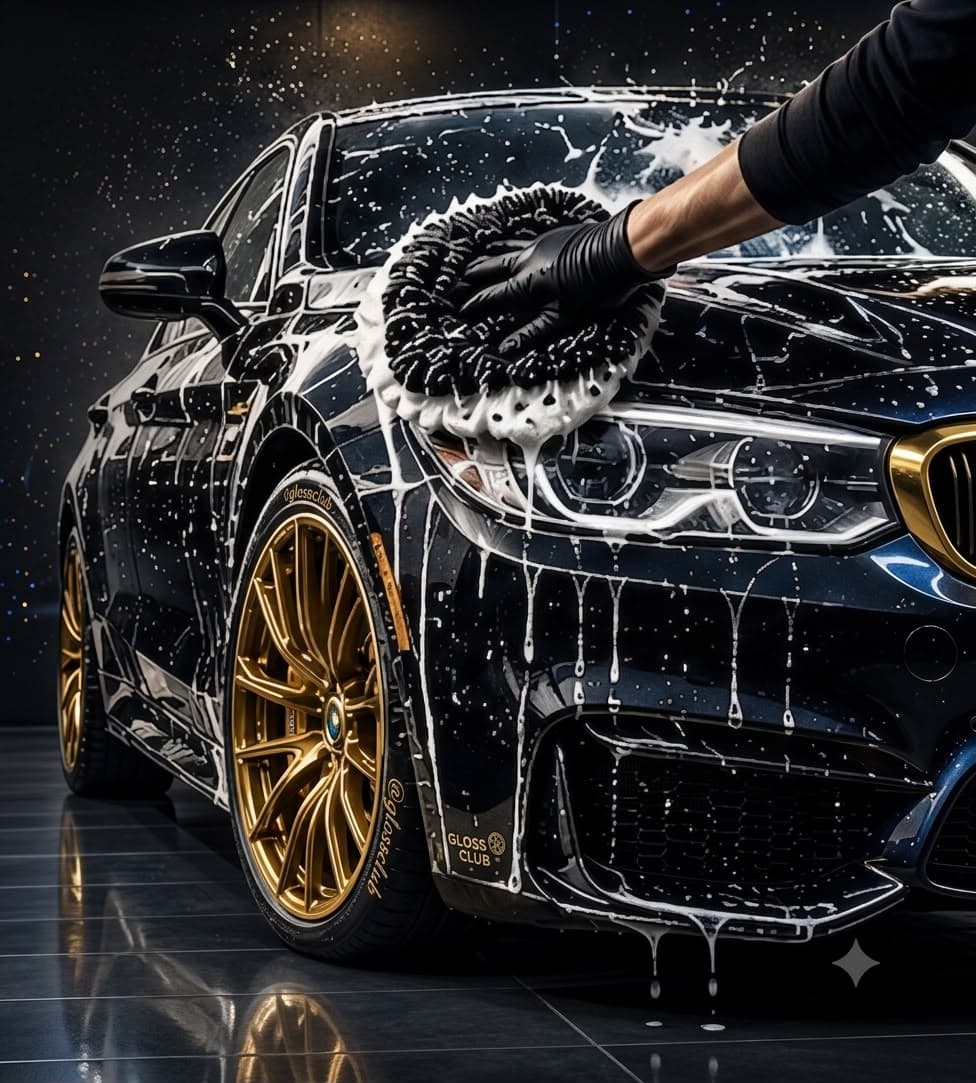 A Gloss Club detailer hand-washing a car with a foam mitt, gold wheels catching the light